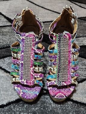 MUDD SILVER-STUDDED MULTI-COLORED GLADIATOR-STYLE STRAPPY CORK WEDGE SANDALS